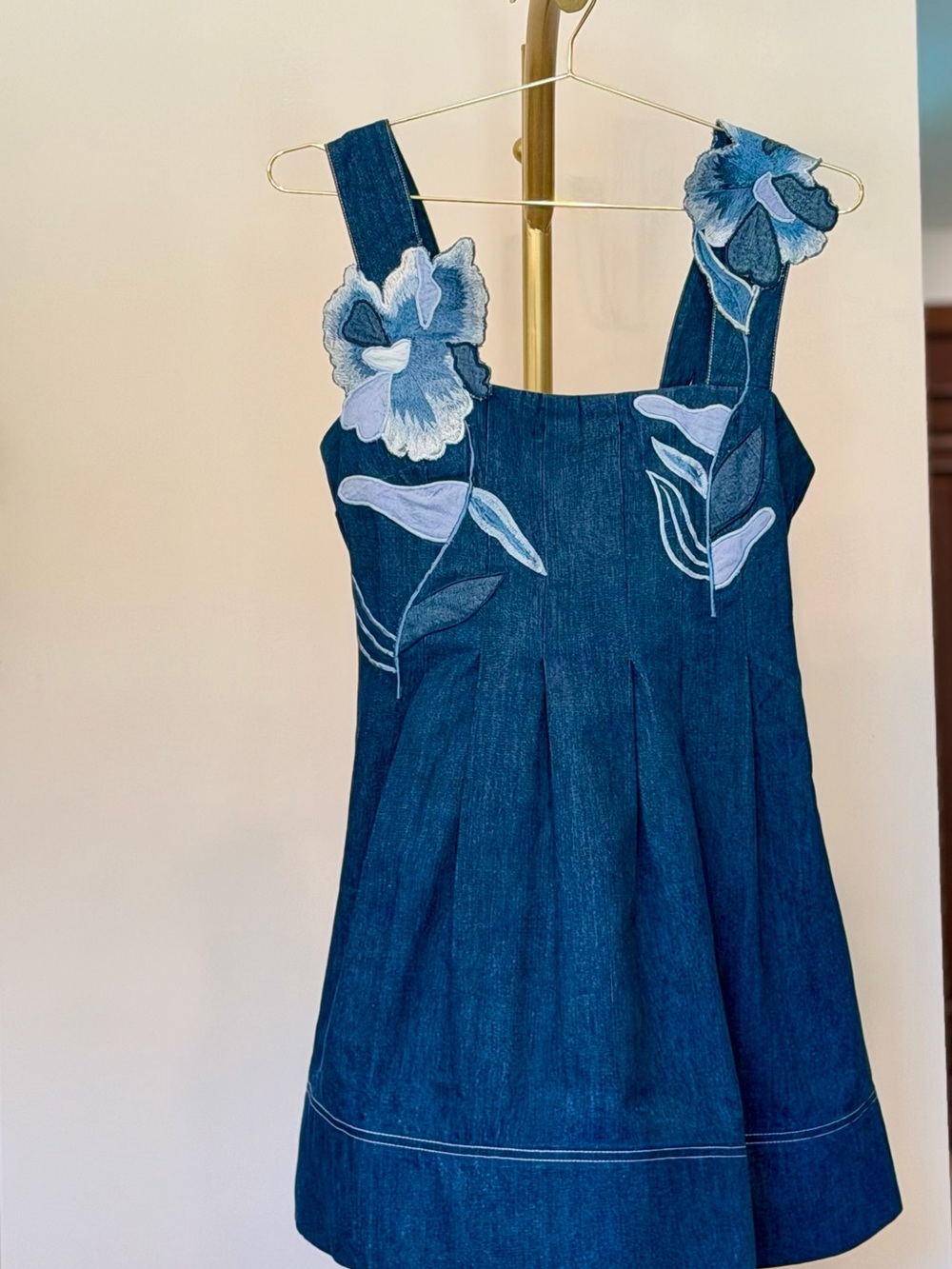Maeve Dark Blue Denim Dress with Light Blue Floral Appliqué